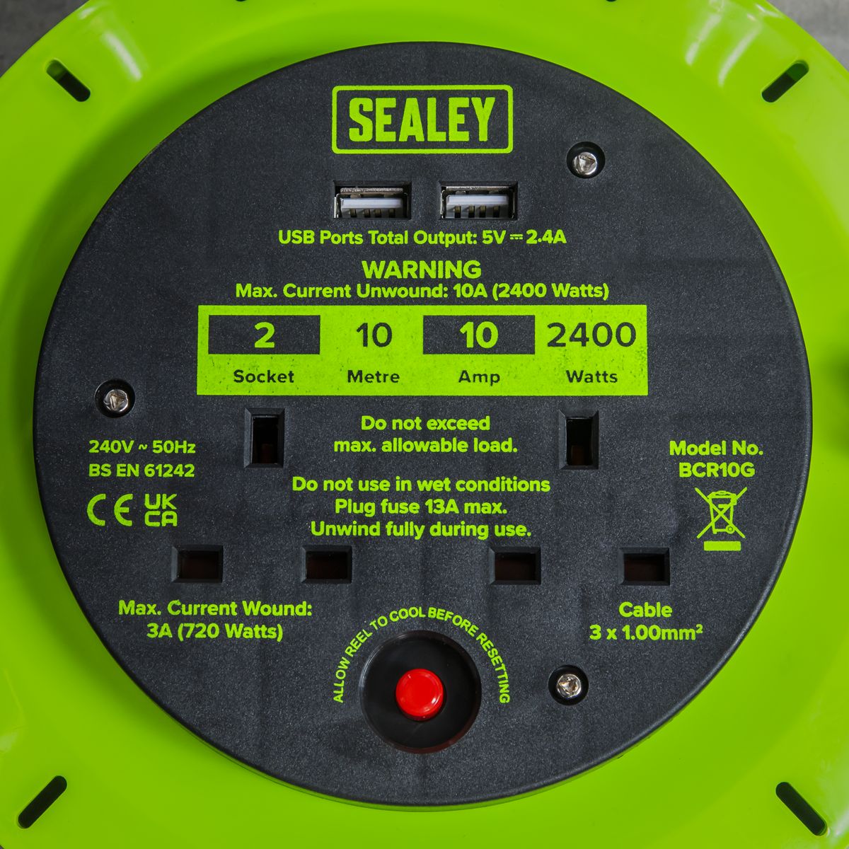 Sealey 10m Cassette Type Cable Reel with Thermal Trip 2 x 230V & 2 x USB - Hi-Vis Green - Image 6