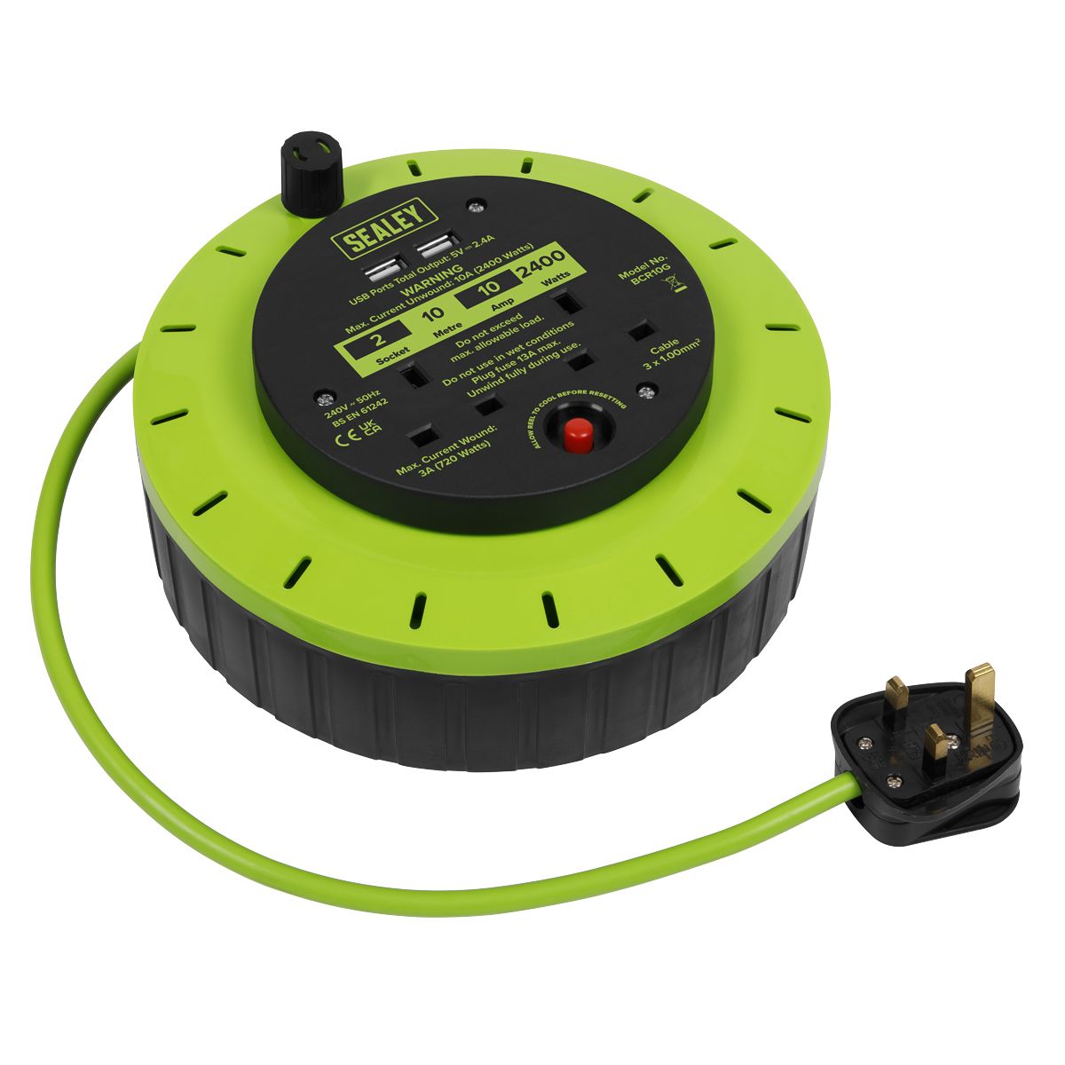 Sealey 10m Cassette Type Cable Reel with Thermal Trip 2 x 230V & 2 x USB - Hi-Vis Green - Image 7