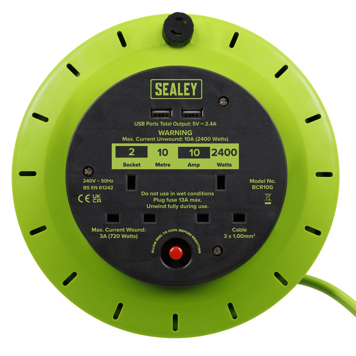 Sealey 10m Cassette Type Cable Reel with Thermal Trip 2 x 230V & 2 x USB - Hi-Vis Green - Image 8