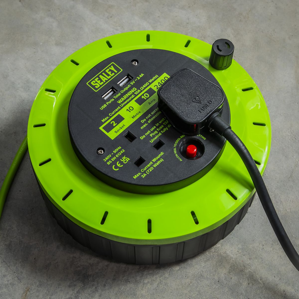 Sealey 10m Cassette Type Cable Reel with Thermal Trip 2 x 230V & 2 x USB - Hi-Vis Green - Image 9