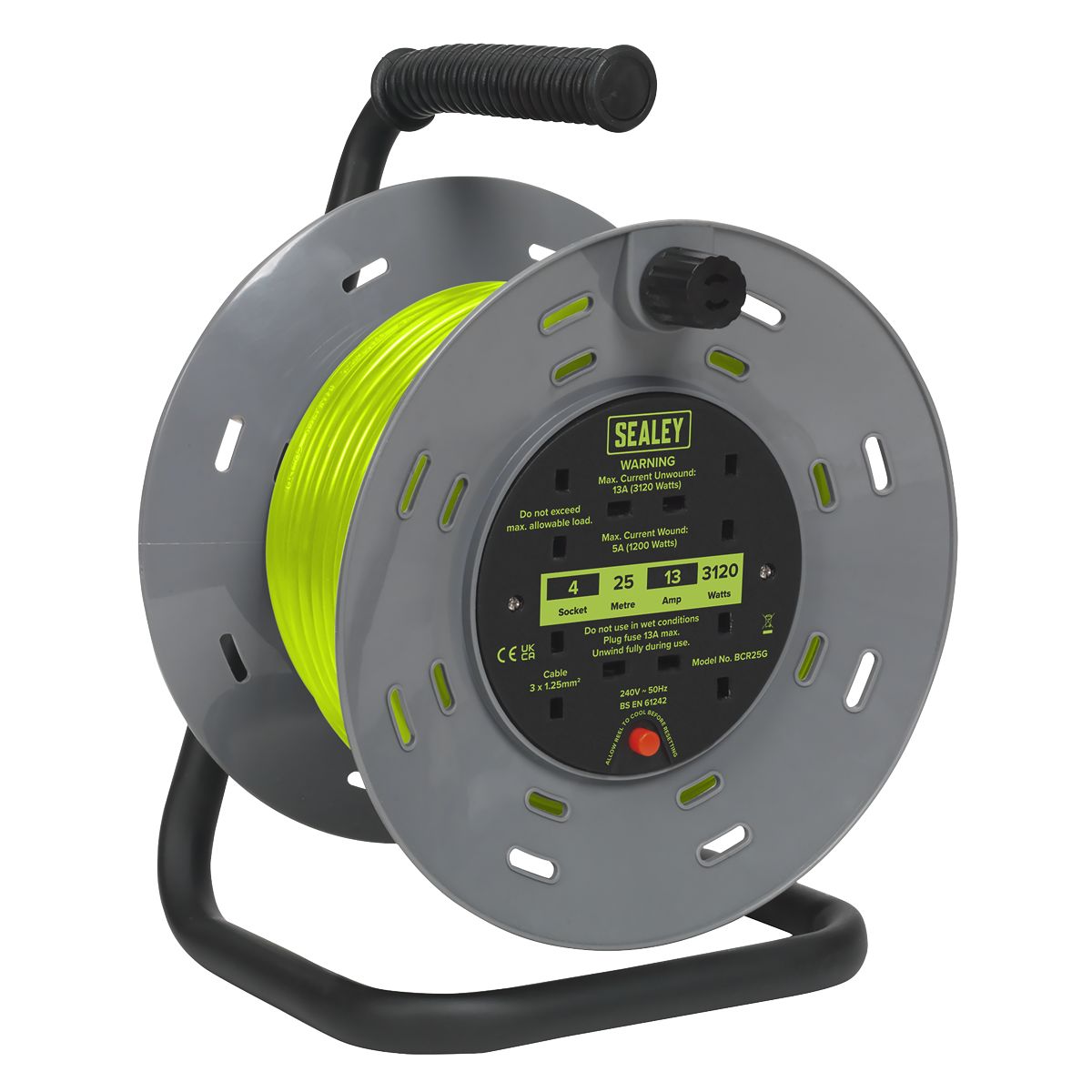 Sealey 25m Cable Reel with Thermal Trip 4 x 230V - Hi-Vis Green - Image 1