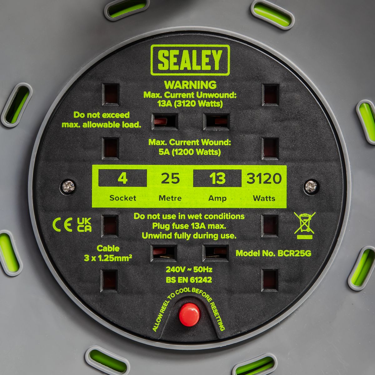 Sealey 25m Cable Reel with Thermal Trip 4 x 230V - Hi-Vis Green - Image 8