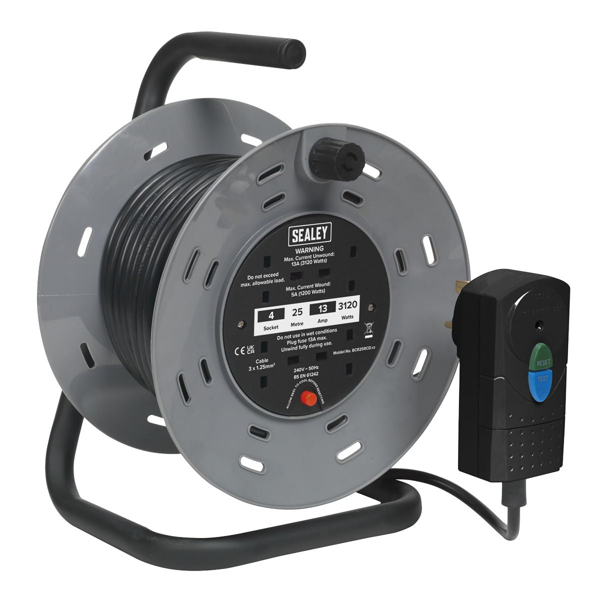 Sealey 25m Cable Reel with Thermal Trip & RCD Plug 4 x 230V - Image 1