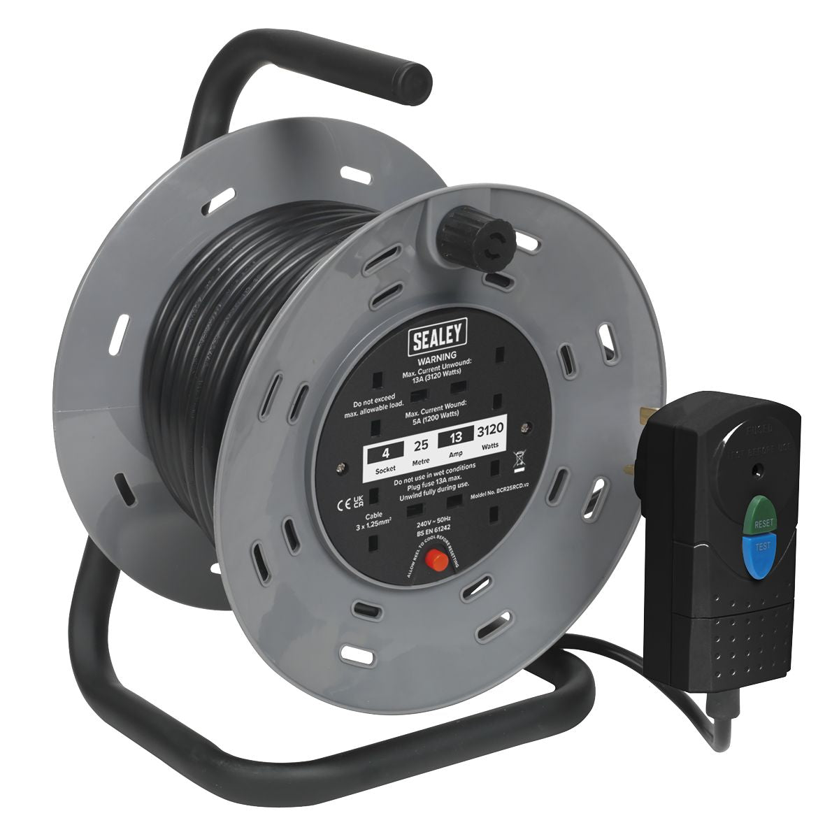 Sealey 25m Cable Reel with Thermal Trip & RCD Plug 4 x 230V - Image 2