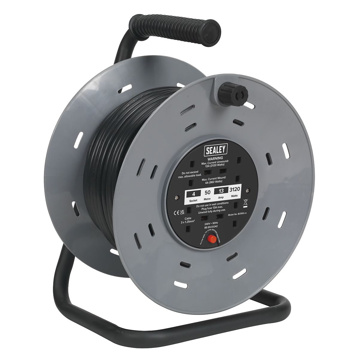 Sealey 50m Cable Reel with Thermal Trip 4 x 230V - Image 1