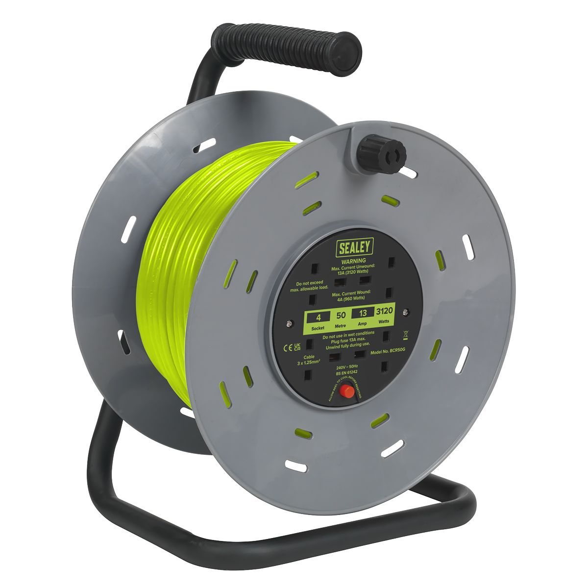 Sealey 50m Cable Reel with Thermal Trip 4 x 230V - Hi-Vis Green - Image 1