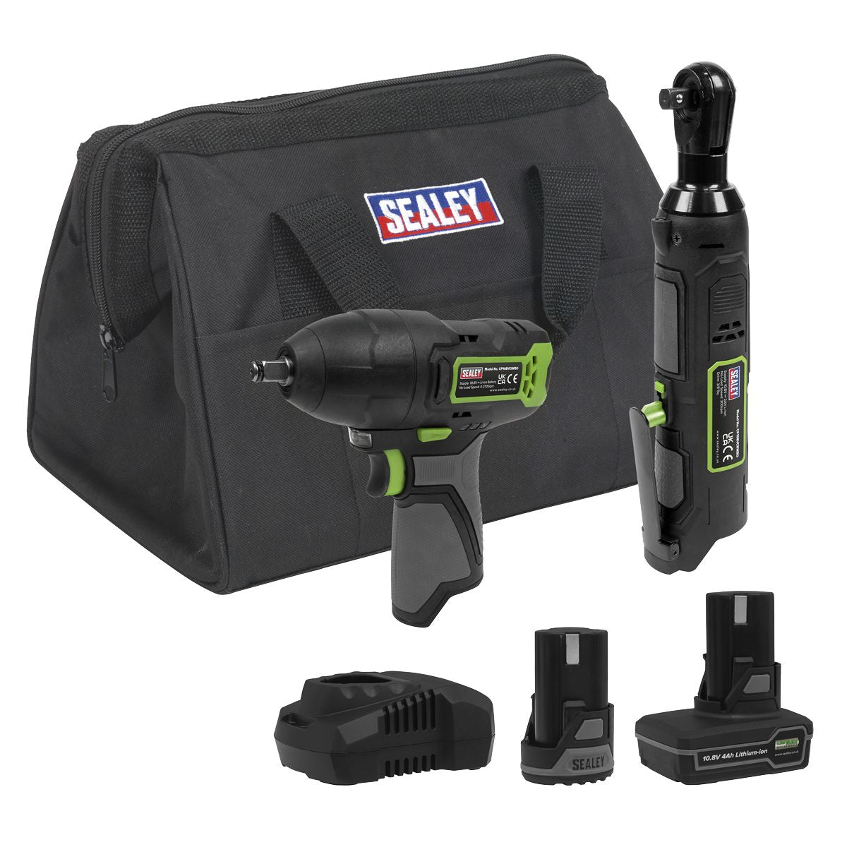 Sealey 2 x SV10.8 Series Cordless Impact Wrench & Ratchet Wrench Kit 10.8V - 2 Batteries - Image 1