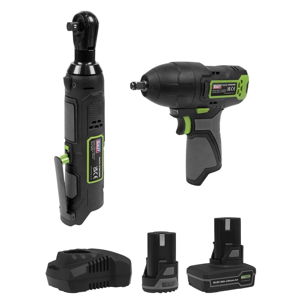 Sealey 2 x SV10.8 Series Cordless Impact Wrench & Ratchet Wrench Kit 10.8V - 2 Batteries & Euro Plug - Image 2