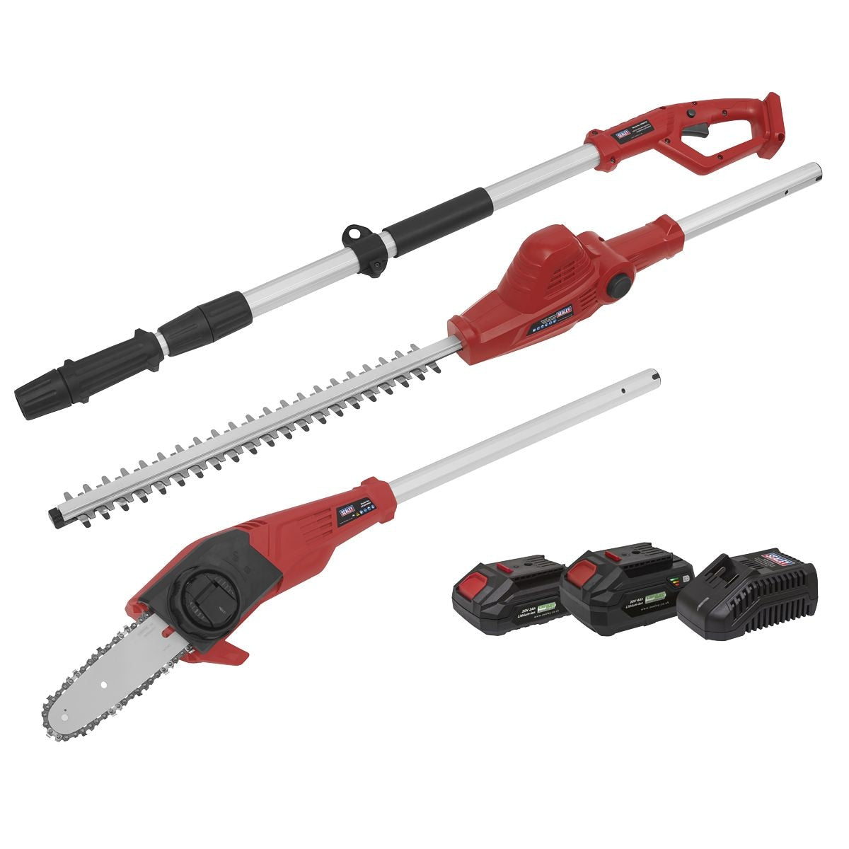 Sealey SV20 Series Cordless Telescopic Hedge Trimmer & Chainsaw Kit 20V - 2 Batteries - Image 1