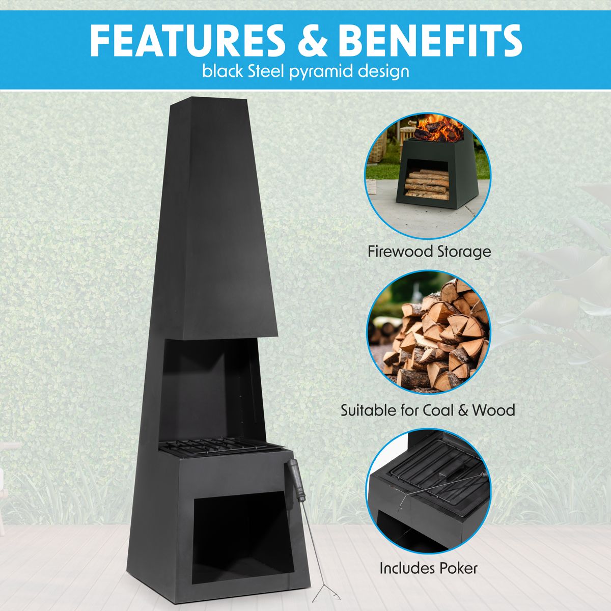 Dellonda Outdoor Chiminea Fireplace Fire Pit Heater Firewood Storage Black Steel - Image 7