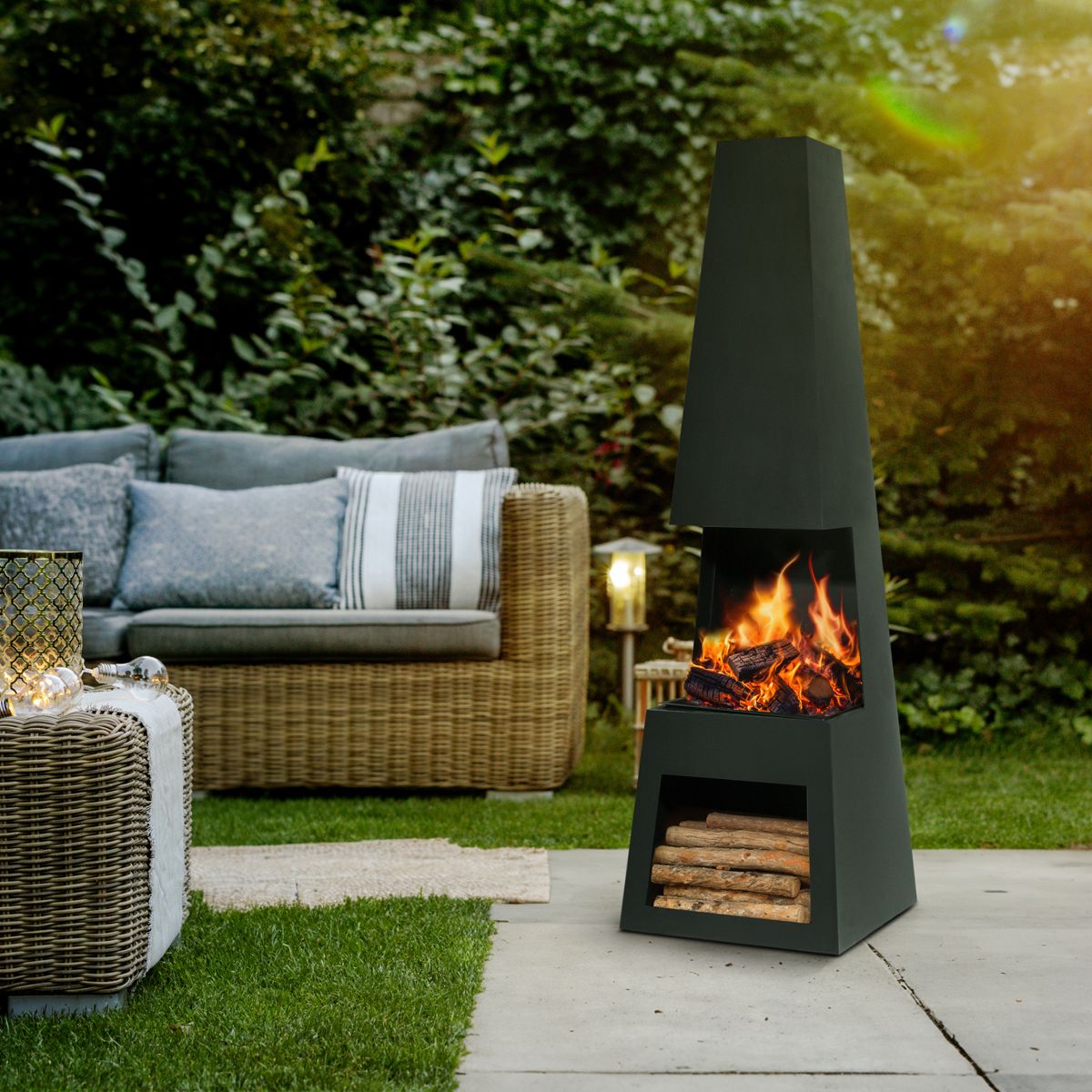 Dellonda Outdoor Chiminea Fireplace Fire Pit Heater Firewood Storage Black Steel - Image 8