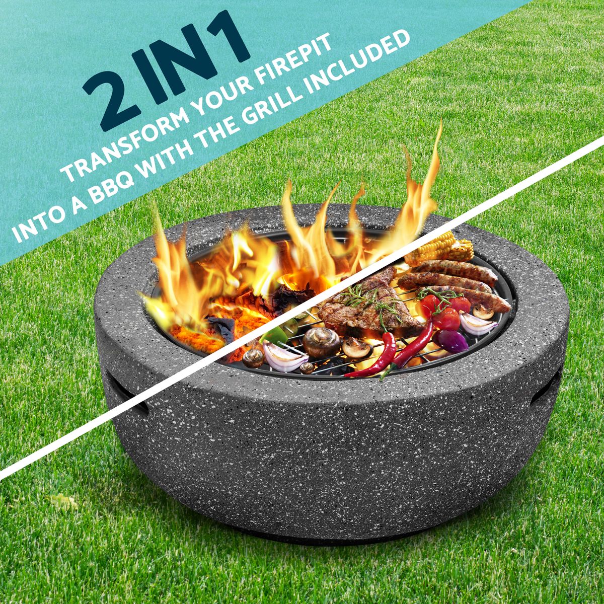 Dellonda Round MgO Fire Pit with BBQ Grill, √ò60cm, Safety Mesh Screen - Dark Grey - Image 7