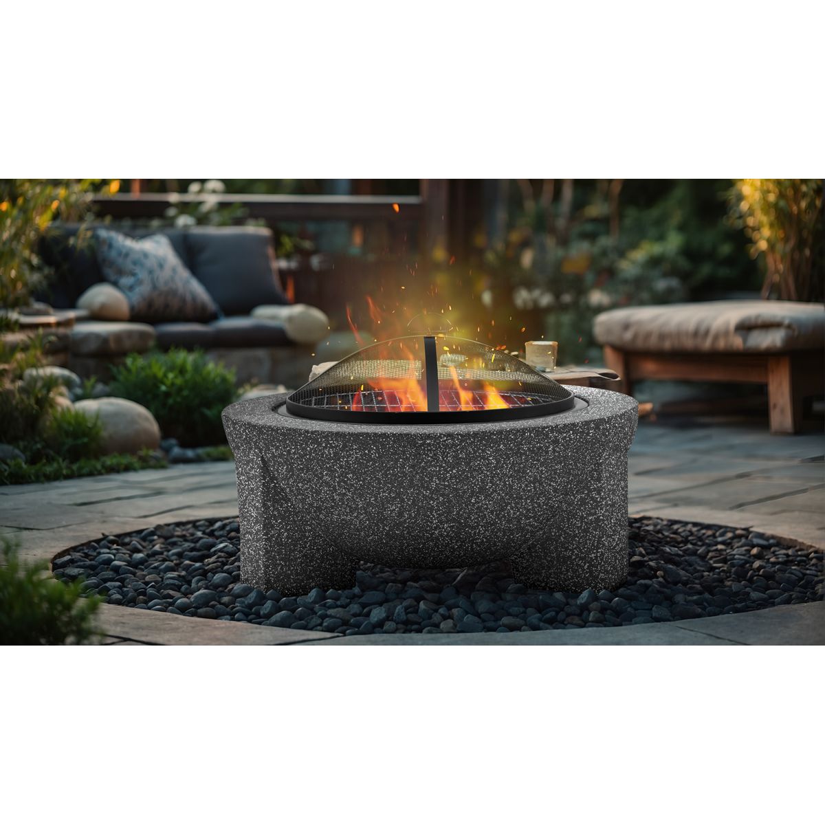 Dellonda Round MgO Fire Pit with BBQ Grill, √ò75cm, Safety Mesh Screen - Dark Grey - Image 8