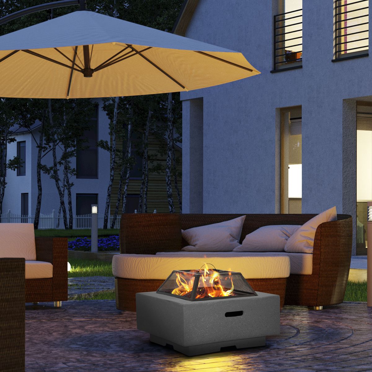 Dellonda Square MgO Fire Pit with BBQ Grill, Safety Mesh and Fire Poker - Dark Grey - DG193 - Image 5