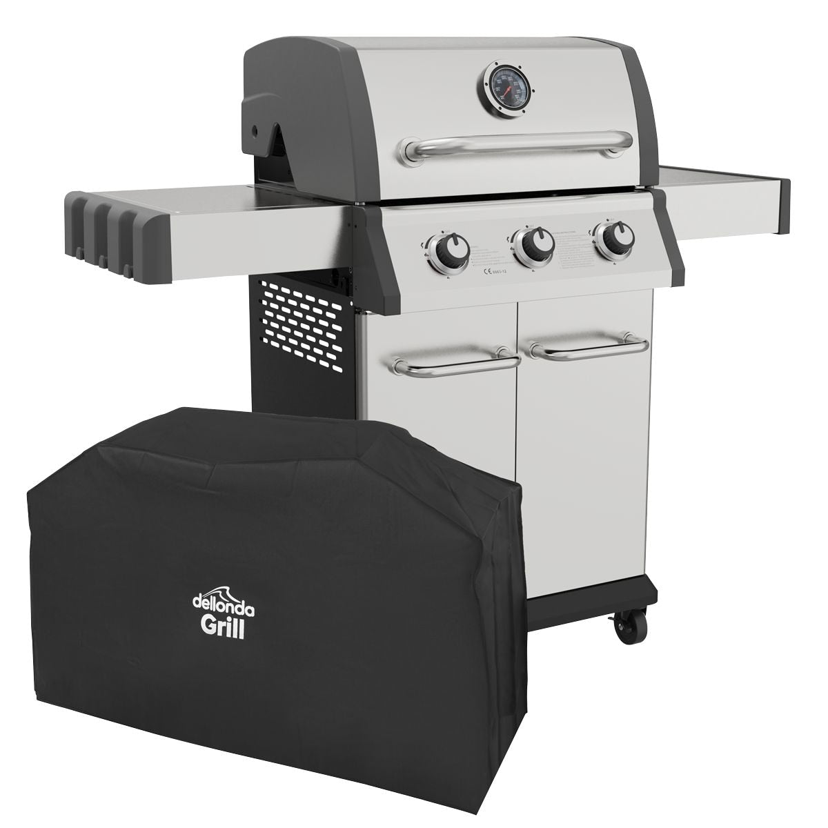 Dellonda 3 Burner Deluxe Gas BBQ Grill with Piezo Ignition & Thermometer & Cover - Stainless Steel - Image 1