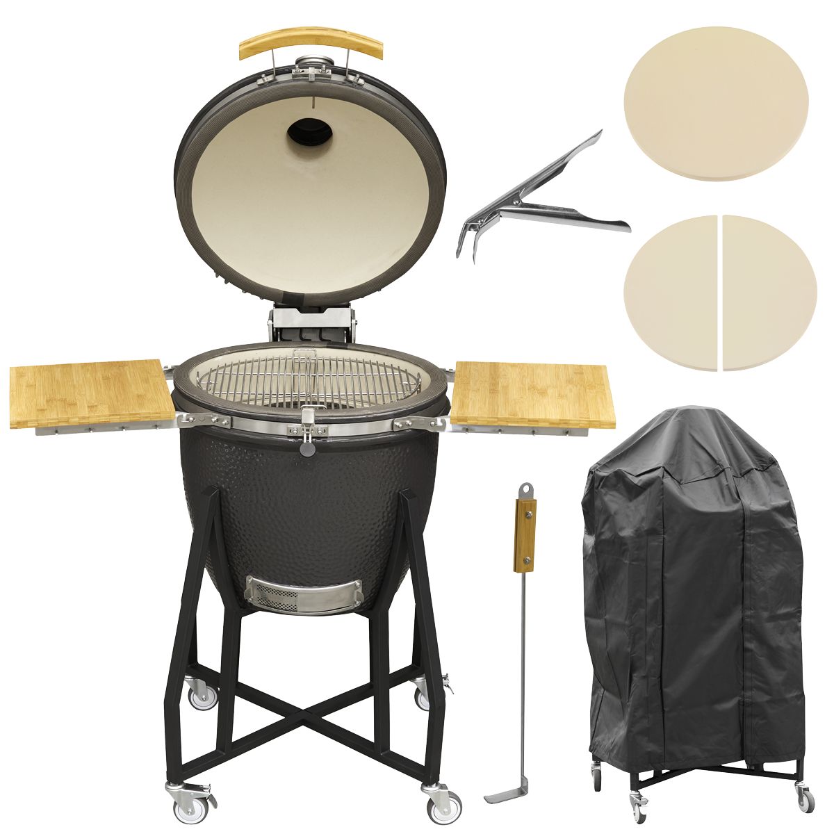 Dellonda Deluxe 22"(56cm) Ceramic Kamado Style BBQ, Cover, Grid Gripper, Heat Deflector - Image 1