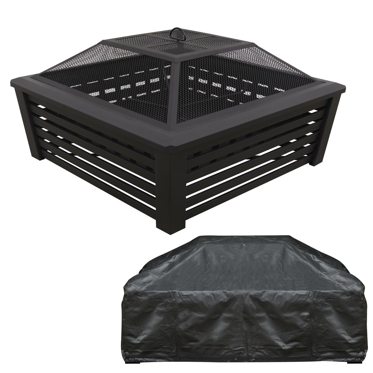 Dellonda 35" Square Outdoor Fire Pit, Mesh Screen Lid, Black with Water Resistant Cover - Image 1