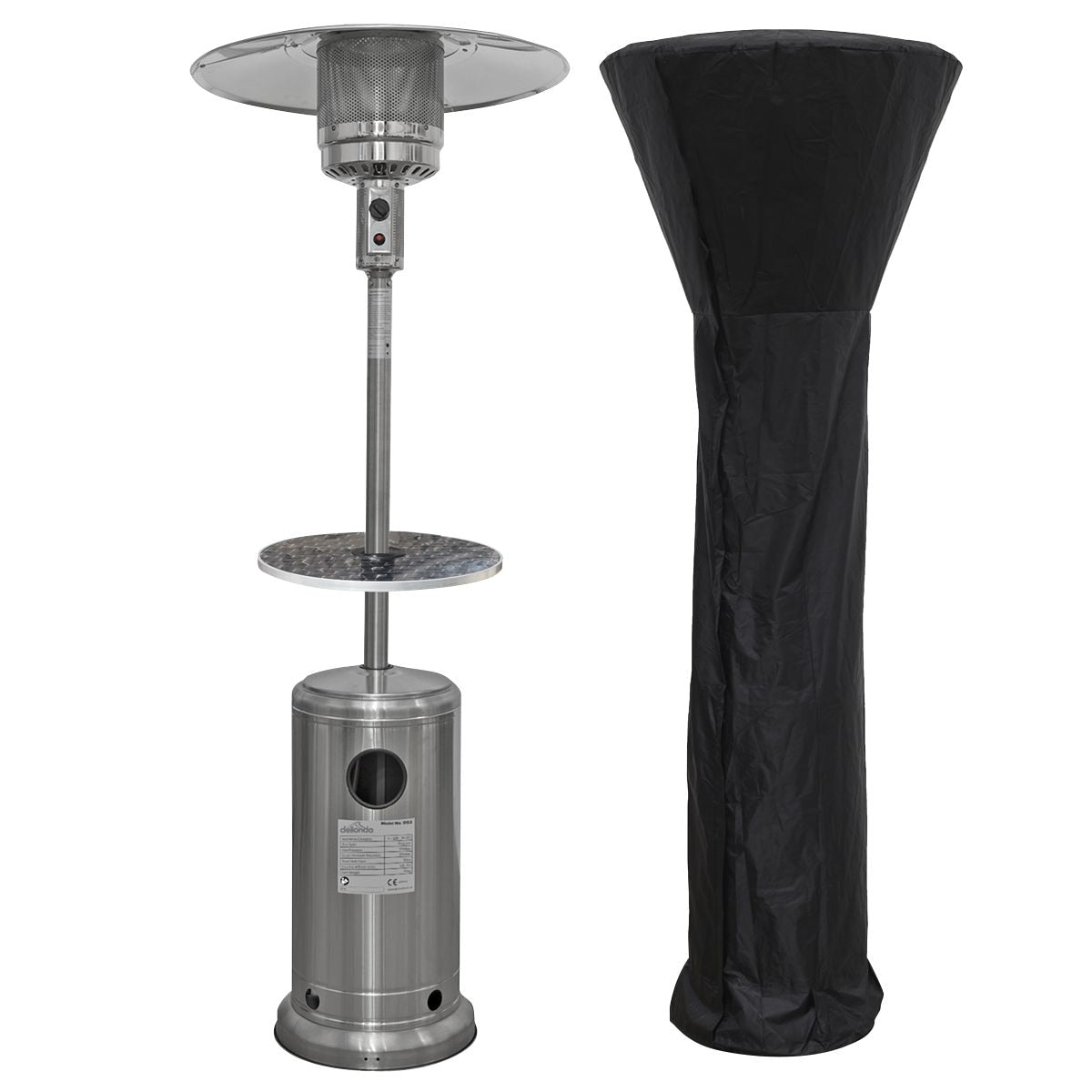 Dellonda Freestanding Gas Patio Heater 13kW with Wheels, Table & Cover, Stainless Steel - Image 1