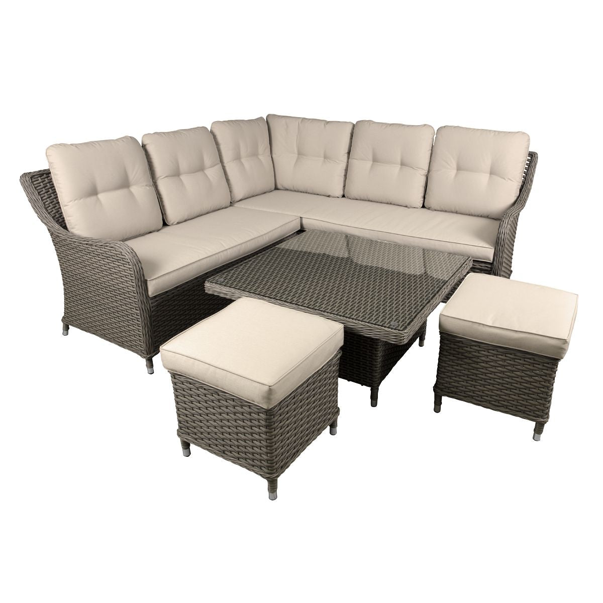 Dellonda Chester Rattan Outdoor 5-Seater Corner Sofa, Adjustable Table & Footstools Set 5pc