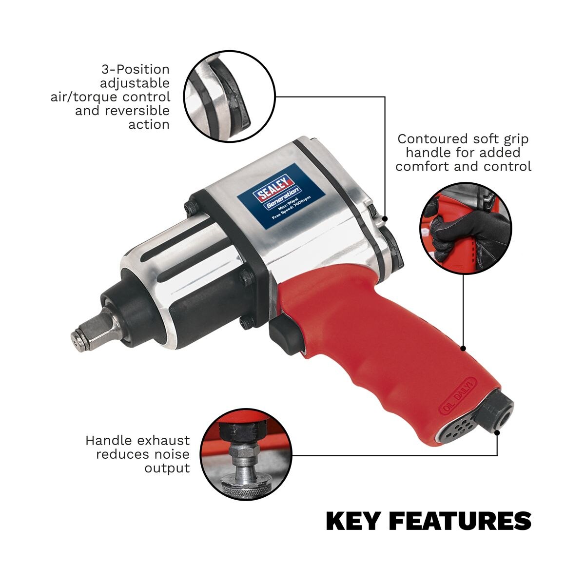 Sealey Generation Twin Hammer Air Impact Wrench 1/2"Sq Drive - Image 2