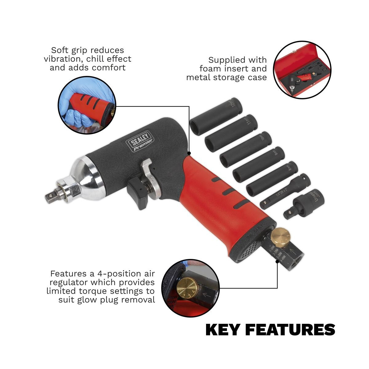 Sealey Premier Air Impact Wrench Diesel Glow Plug Kit 1/4"Sq Drive - Image 2