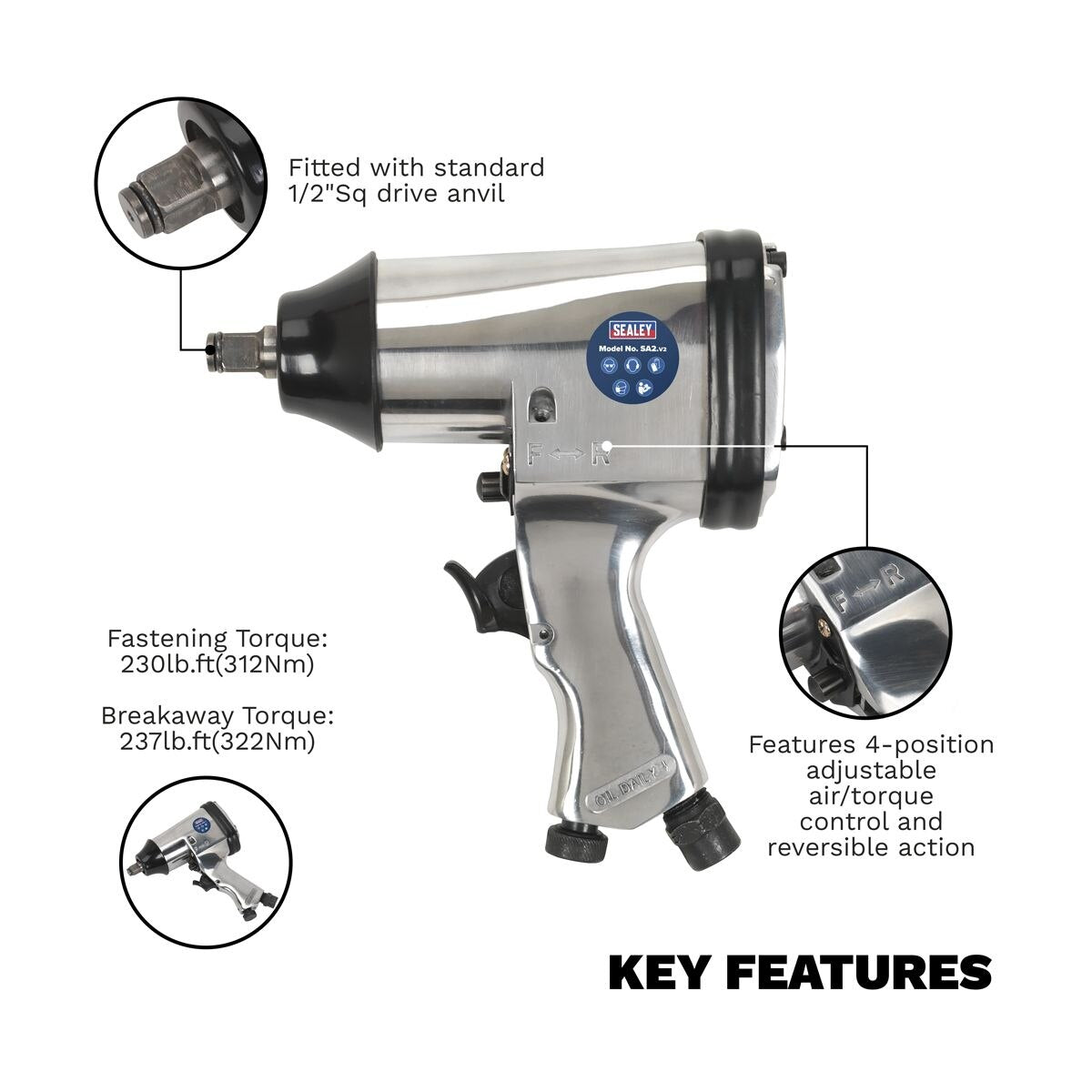 Sealey Air Impact Wrench 1/2"Sq Drive - Image 2