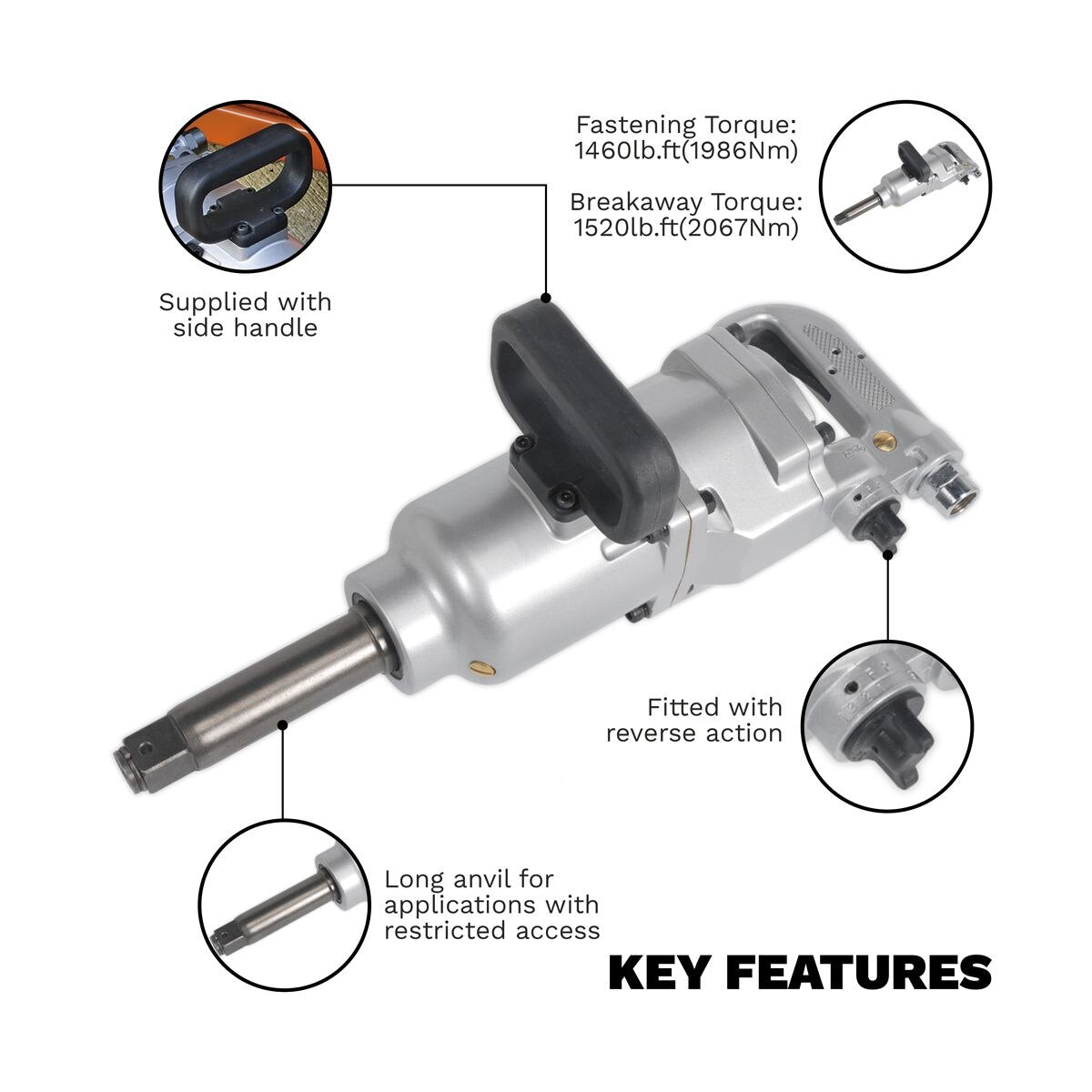 Sealey Long Anvil Straight Air Impact Wrench 1"Sq Drive - Image 2