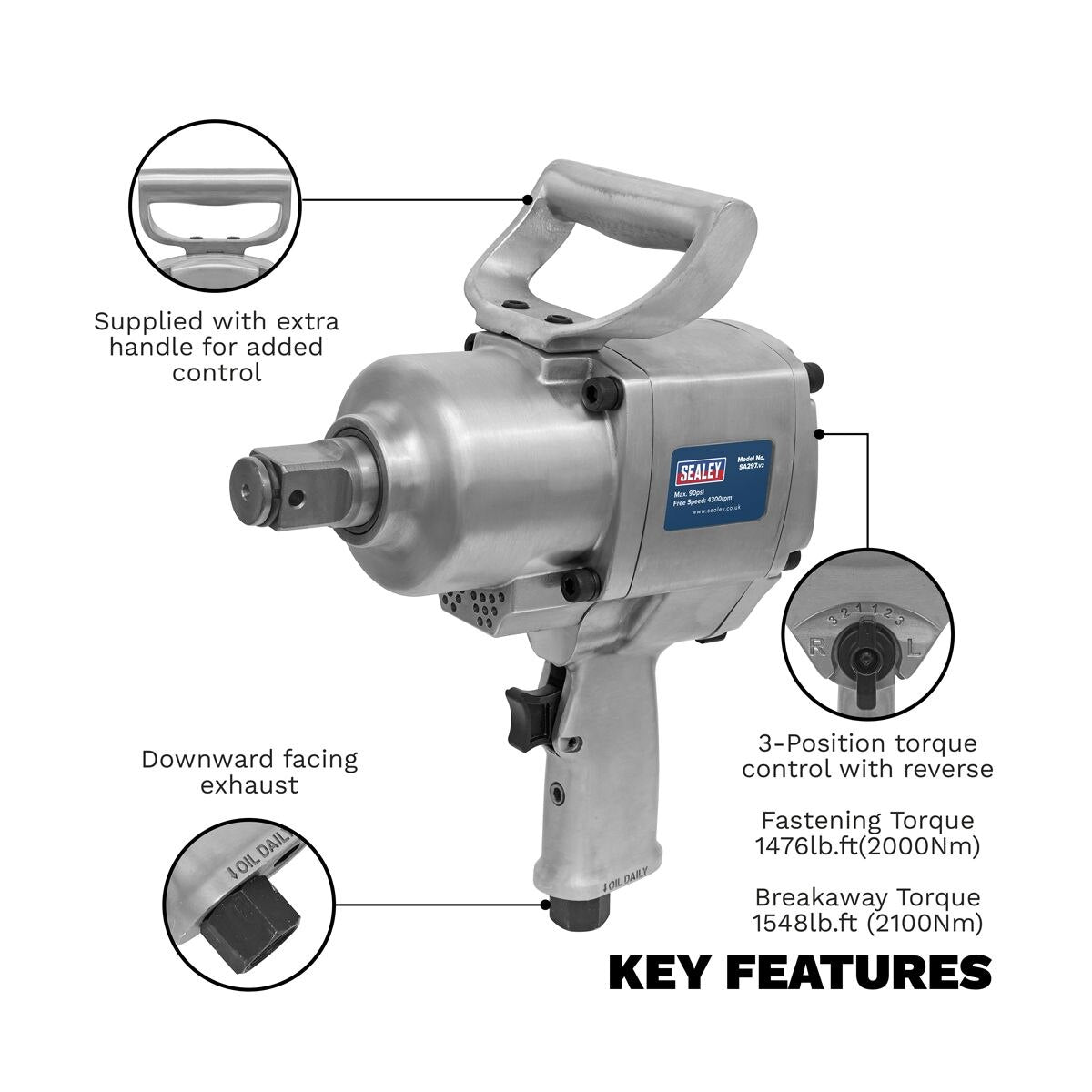 Sealey Twin Hammer Air Impact Wrench 1"Sq Drive - Image 8