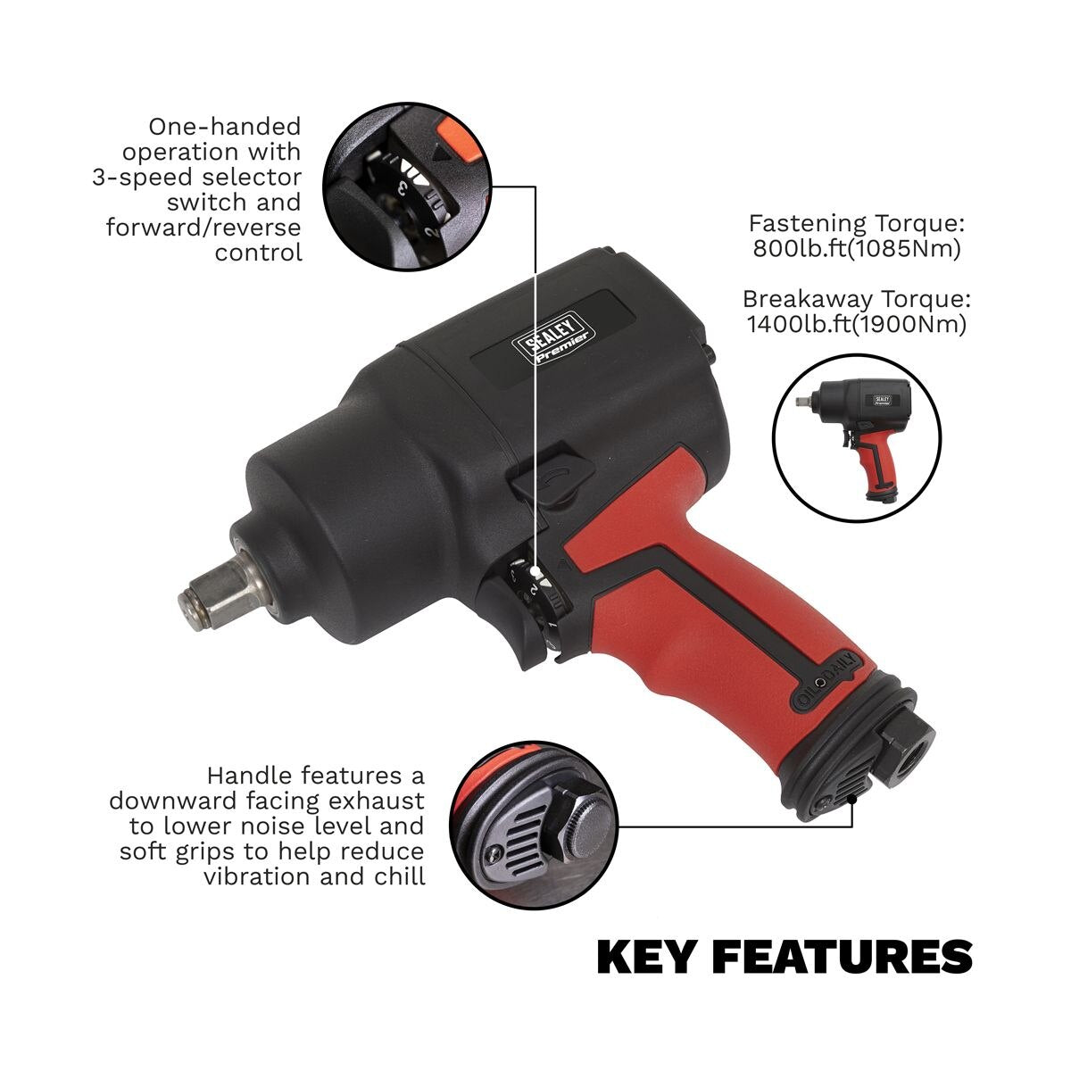 Sealey Premier Twin Hammer Air Impact Wrench 1/2"Sq Drive - Image 2