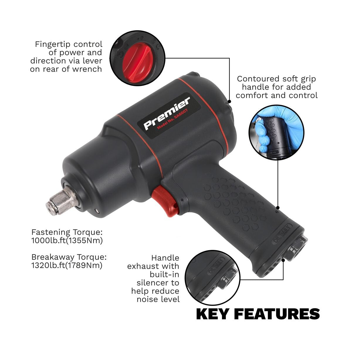 Sealey Premier Twin Hammer Composite Air Impact Wrench 1/2"Sq Drive - Image 5