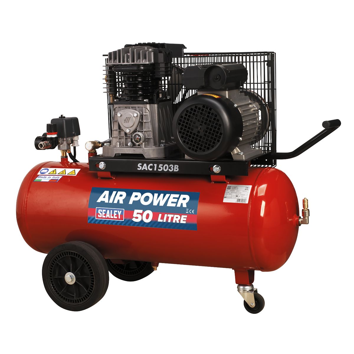 Sealey 50L Belt Drive Air Compressor with Cast Cylinders & Wheels 3hp - Image 1