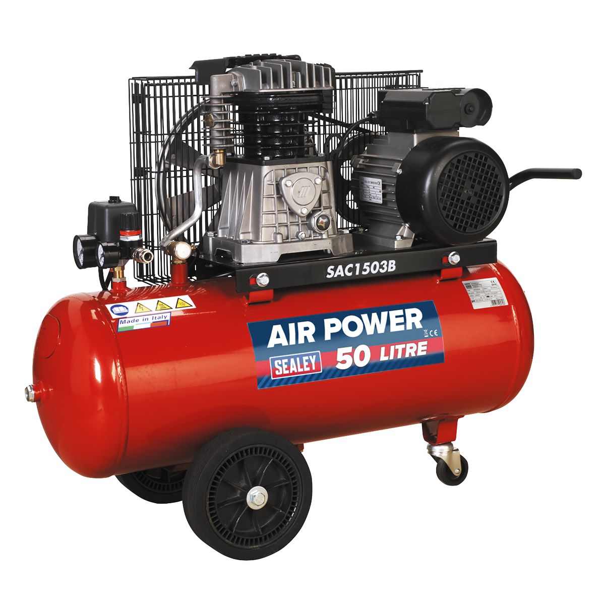 Sealey 50L Belt Drive Air Compressor with Cast Cylinders & Wheels 3hp - Image 2