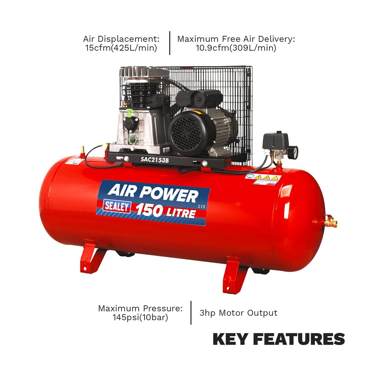 Sealey 150L Belt Drive Air Compressor with Cast Cylinders 3hp - Image 2