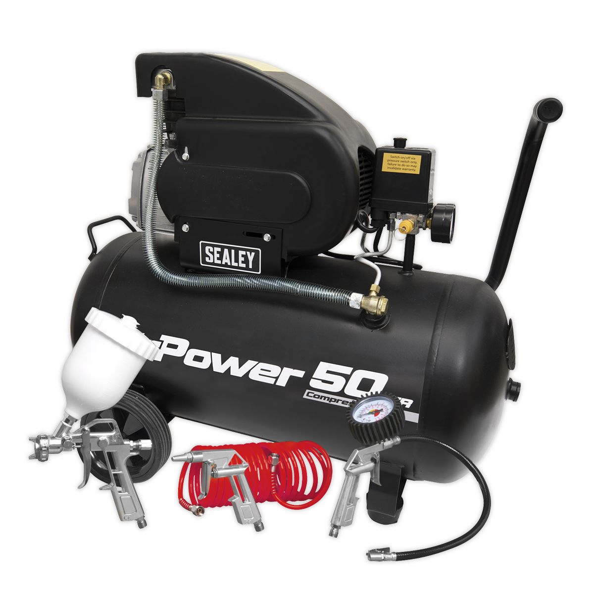 Sealey 50L Direct Drive Air Compressor 2hp with 4pc Air Accessory Kit - Image 1