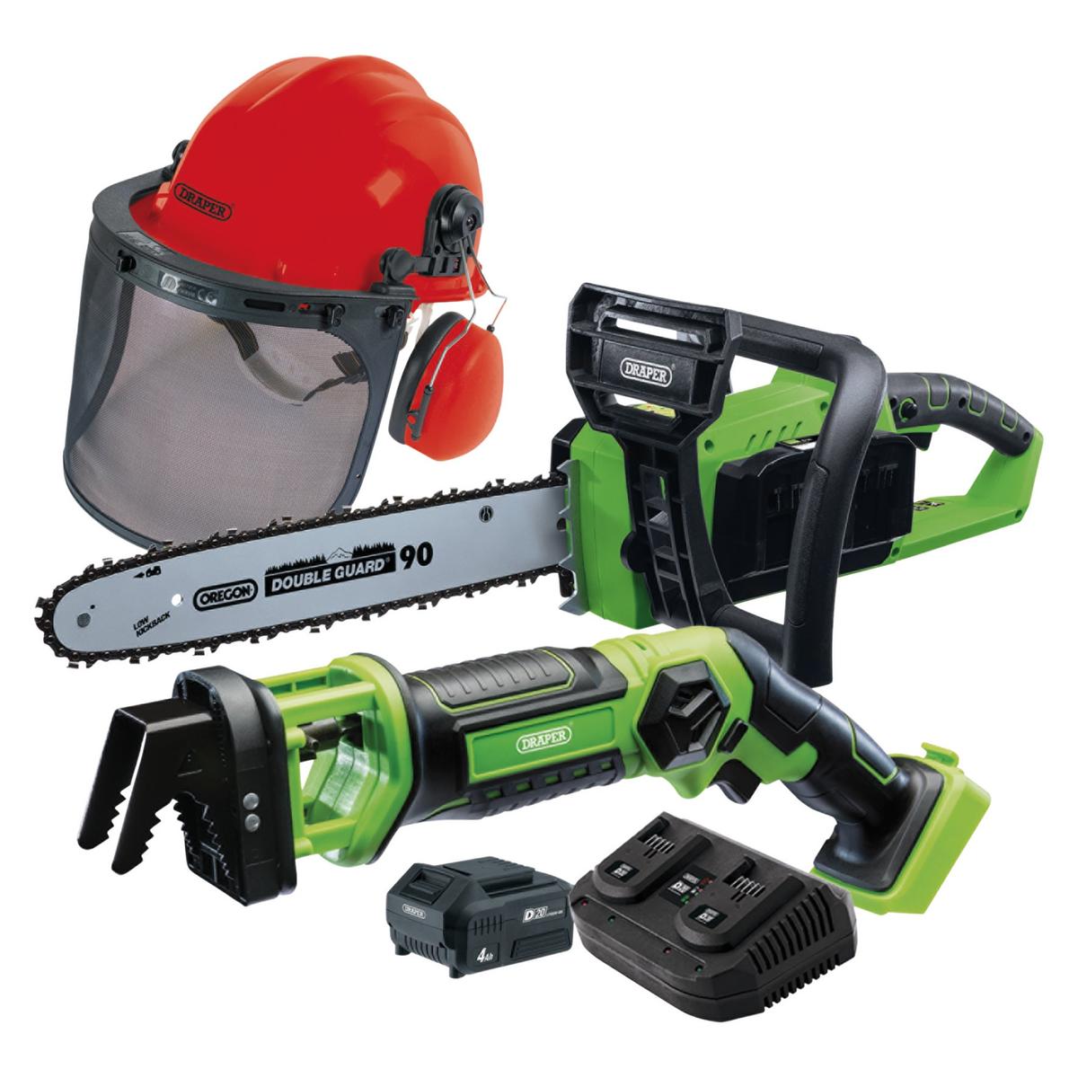 Draper D20 Cordless Garden Saw Kit with Forestry Helmet - Image 1