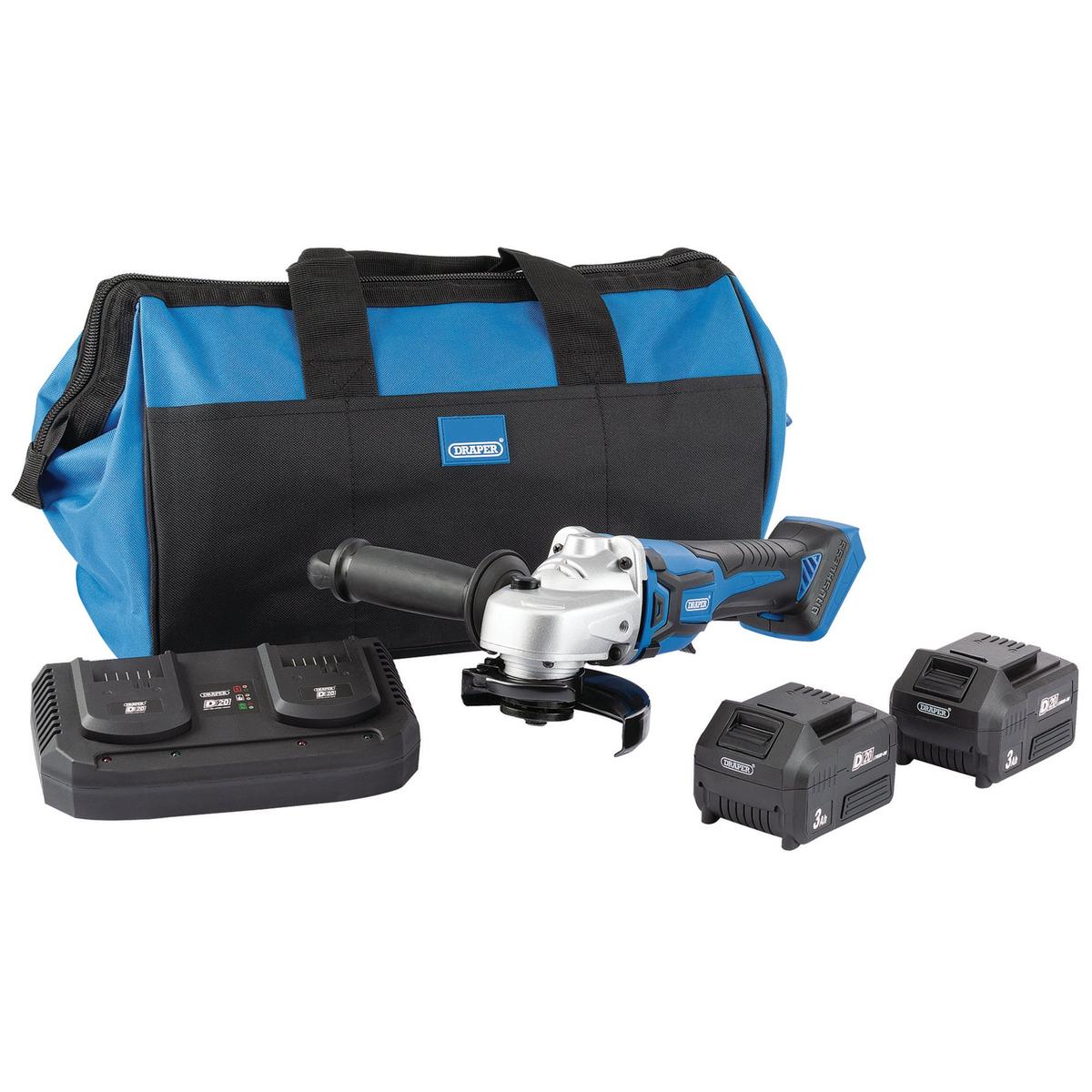 Draper D20 20V Brushless Grinder 115mm w/ Batteries, Twin Charger & Bag - Image 1