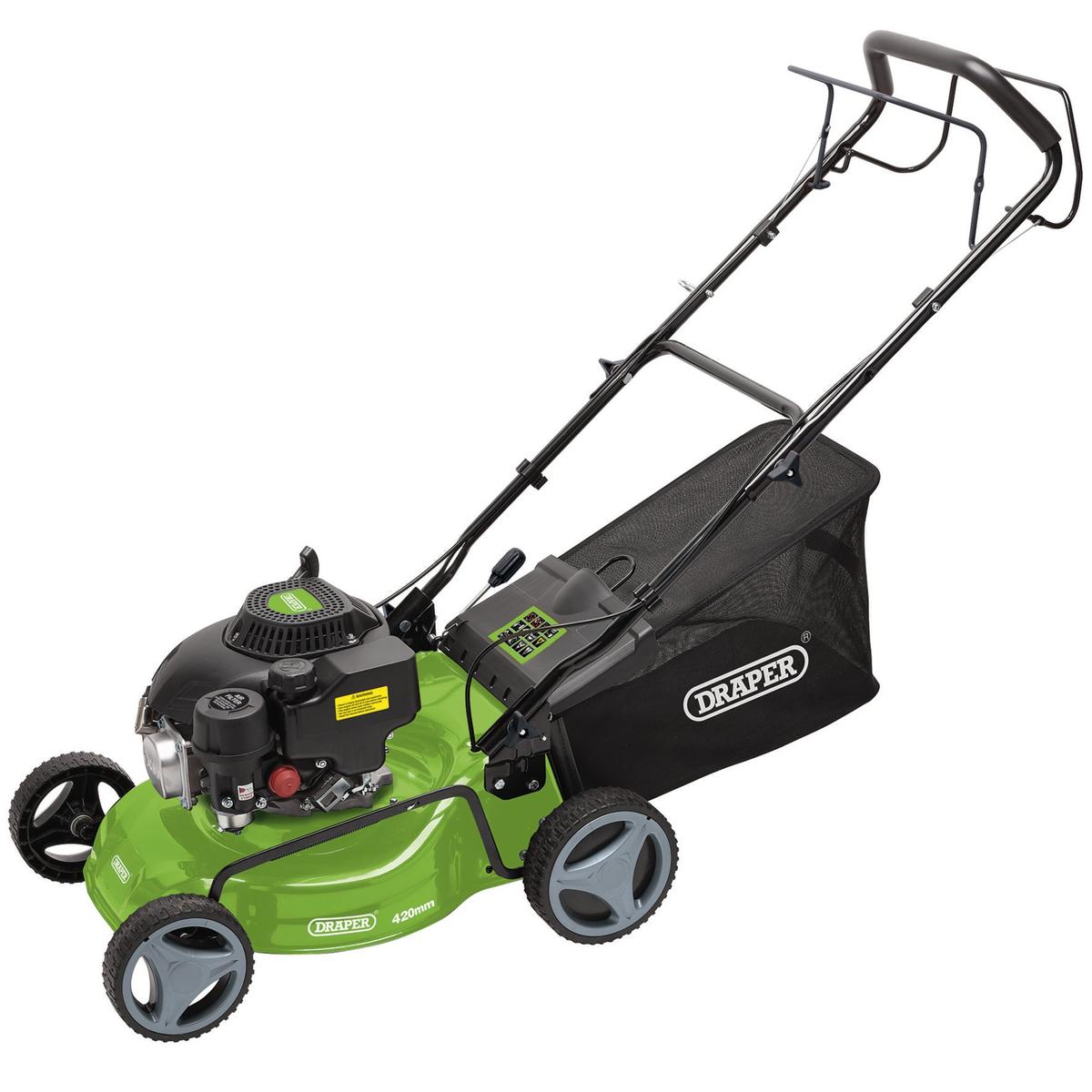 Draper Steel Deck Petrol Lawn Mower, 420mm, 132cc/3.3HP - Image 1