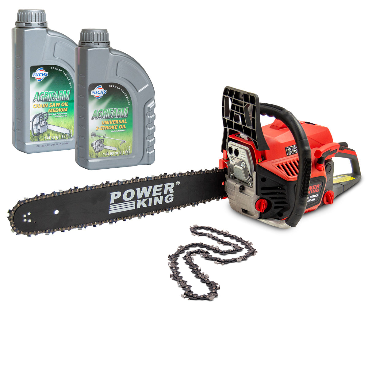 PowerKing 20" Petrol Chainsaw 52cc Easy Start + Oils & Extra Chain