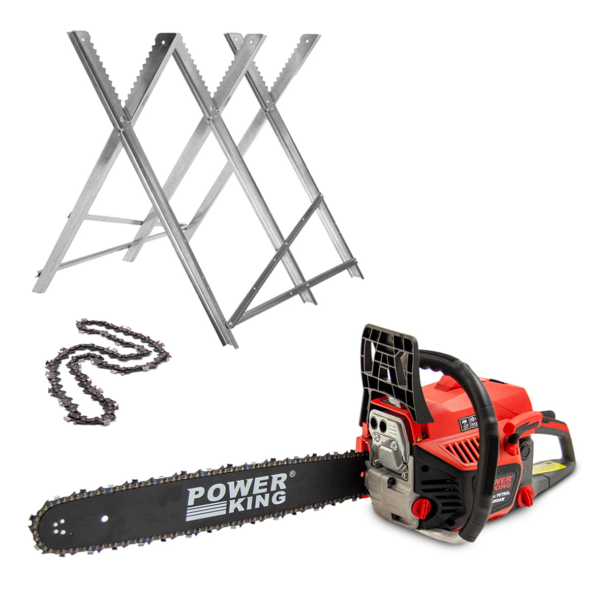 PowerKing 20" Petrol Chainsaw 52cc + Log Saw Horse & Extra Chain