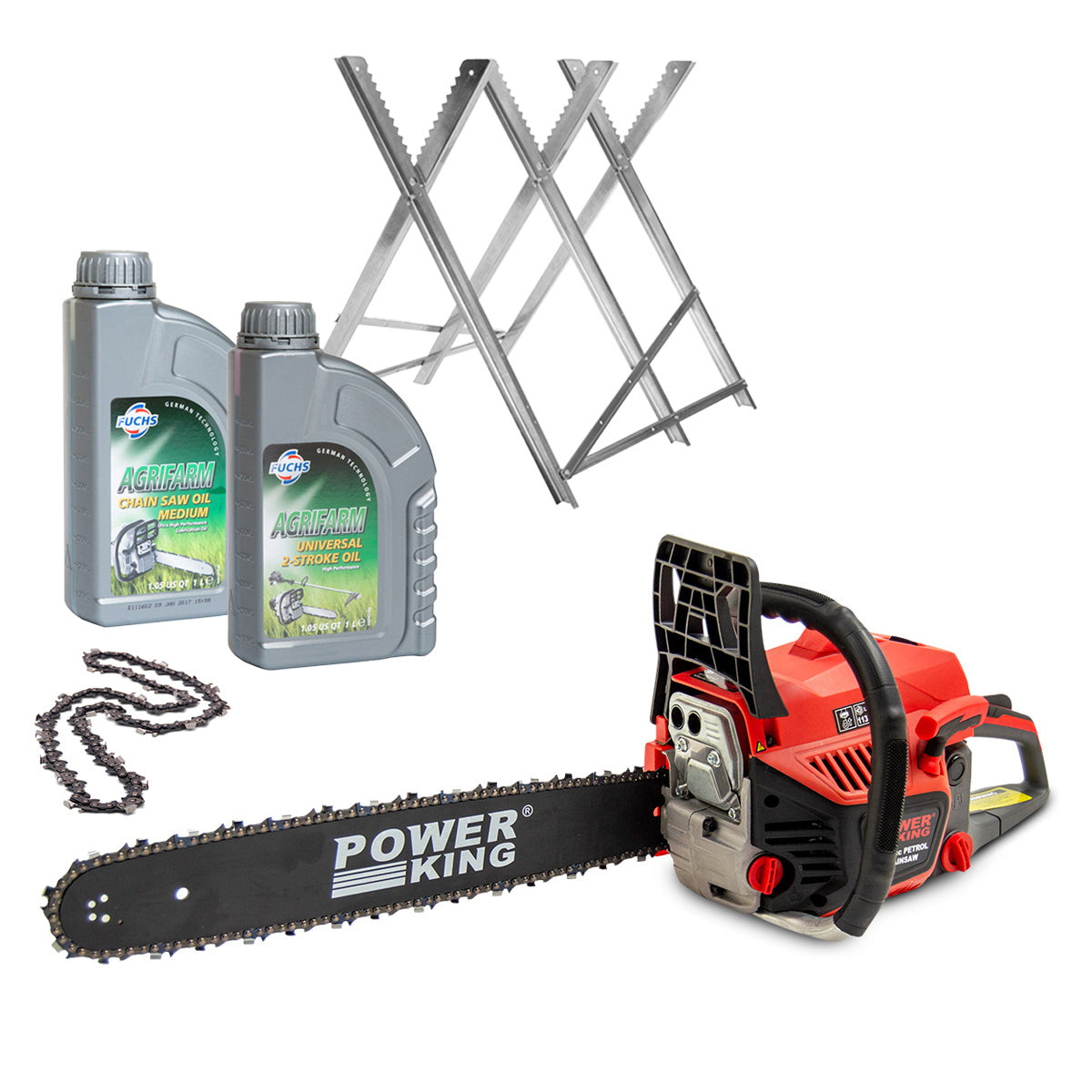 PowerKing 20" Petrol Chainsaw 52cc + Oils, Log Saw Horse & Extra Chain